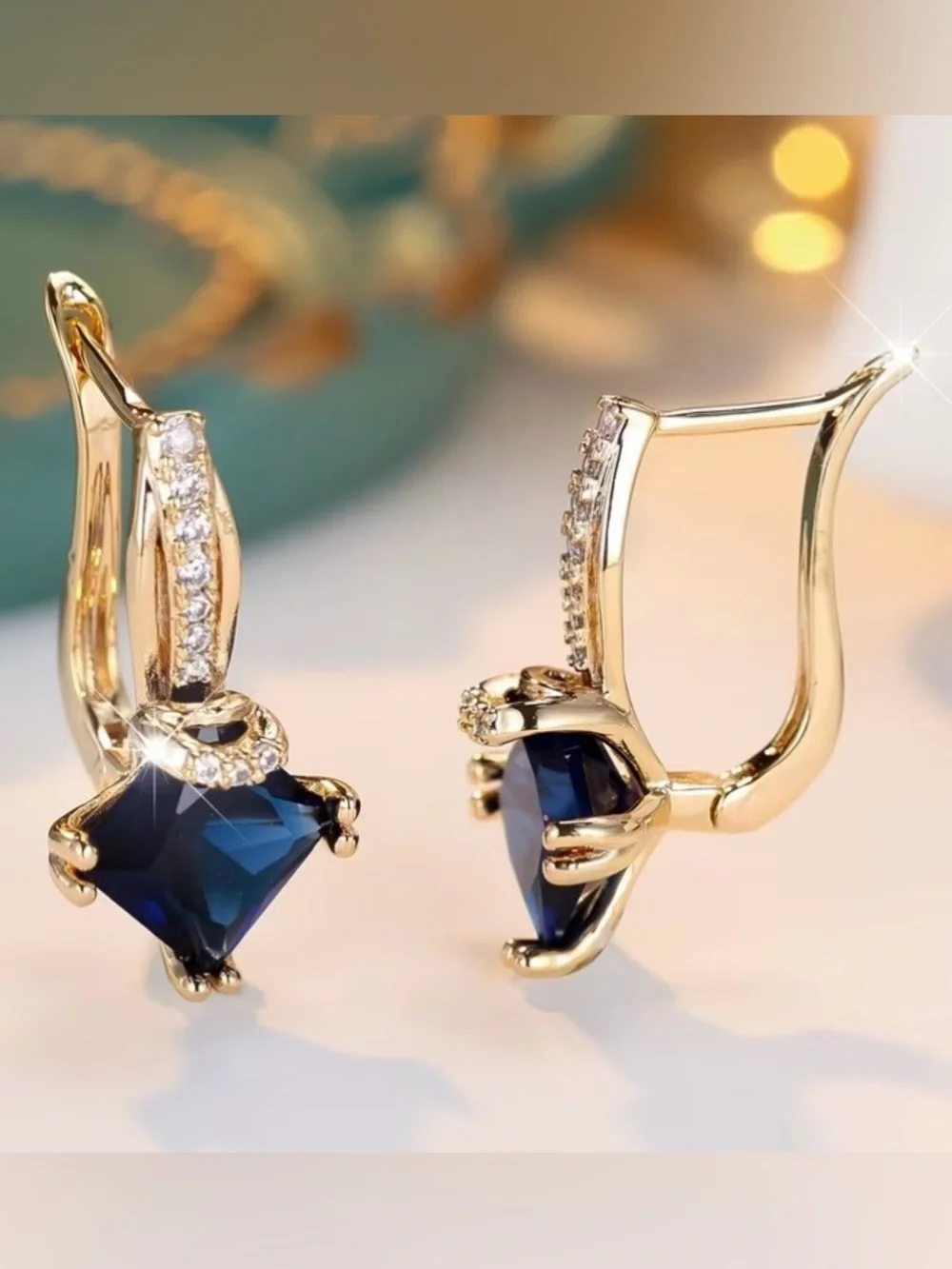 Gold-Plated Navy Blue Crystal Drop Earrings with Pavé Accents